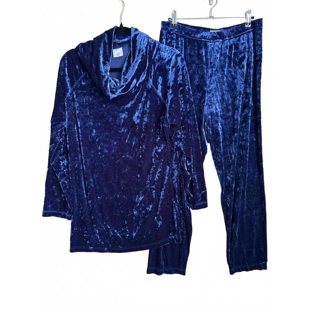 Cabernet Crushed Velvet Cowl Neck Oversized Top Ankle Pants Blue Medium M - Picture 1 of 9